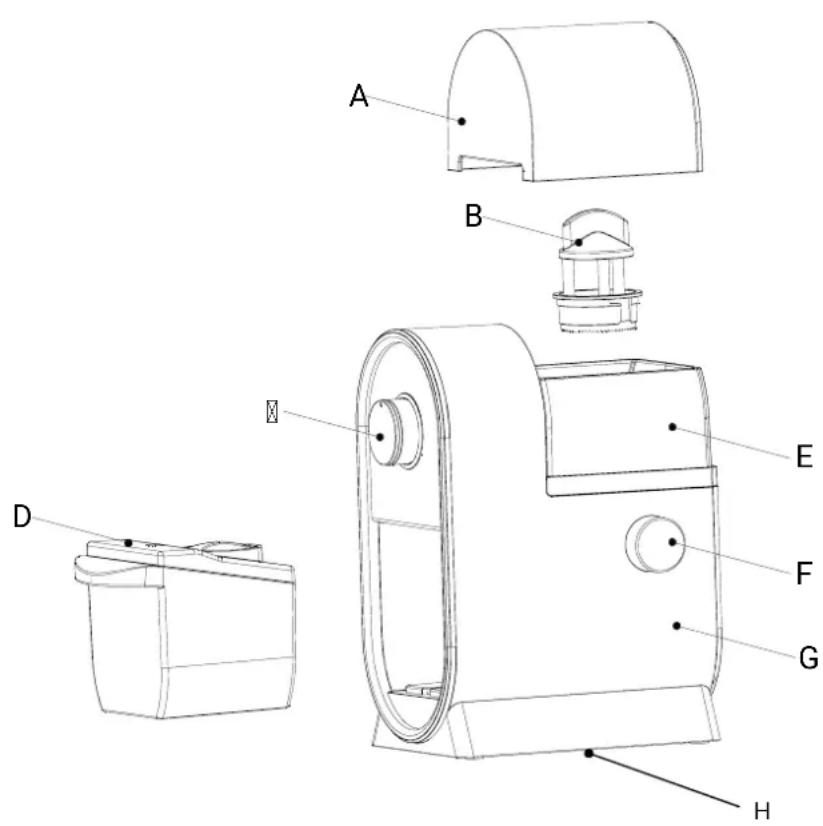 Technical diagram of a mechanical device with labeled parts A through H, showing exploded and assembled views.