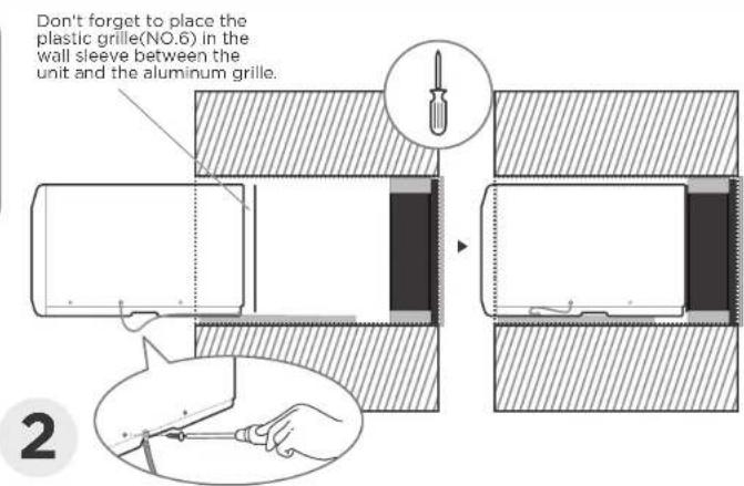 Don't forget to place the plastic grille(NO.6) in the wall sleeve between the unit and the aluminum grille.