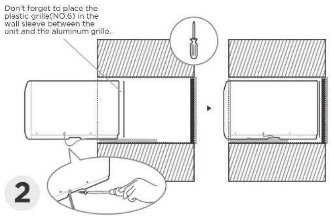 Don't forget to place the plastic grille(NO.6) in the wall sleeve between the unit and the aluminum grille. 2