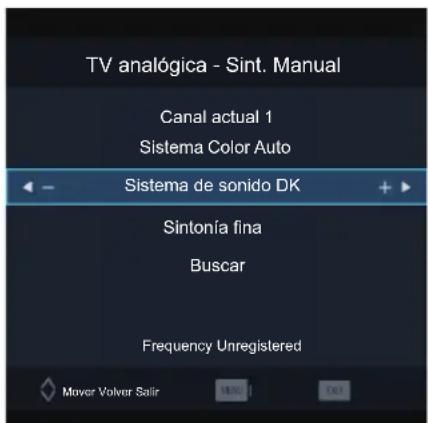 TV analógica - Sint. Manual Canal actual 1 Sistema Color Auto Sistema de sonido DK Sintonía fina Buscar Frequency Unregistered Mover Volver Salir