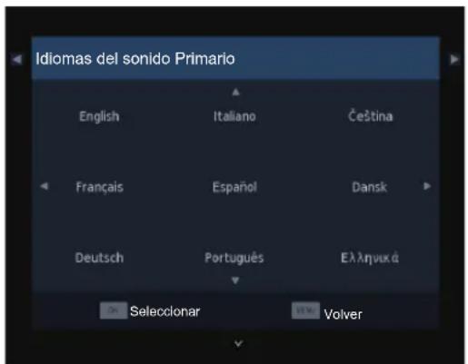 Idiomas del sonido Primario English Italiano Čeština Français Español Dansk Deutsch Português Eλληνικά OK Selecionar SELL Volver