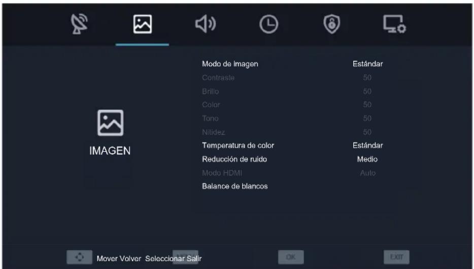 IMAGEN Modo de imagen Contraste Brillo Color Tono Nitidez Temperatura de color Reducción de ruido Modo HDMI Balance de blancos Estándar 50 50 50 50 Estándar Medio Auto Mover Volver Selecionar Salir OK EXIT