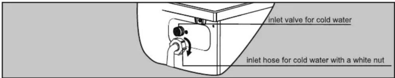 inlet valve for cold water inlet hose for cold water with a white nut