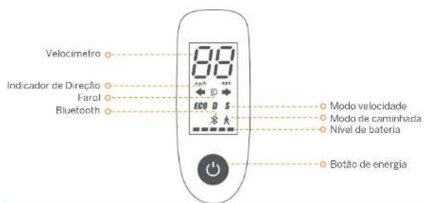 Velocímetro Indicador de Direção Farol Bluetooth 88 Joh Jus Eco D S Modo velocidade Modo de caminhada Nível de bateria Botão de energia