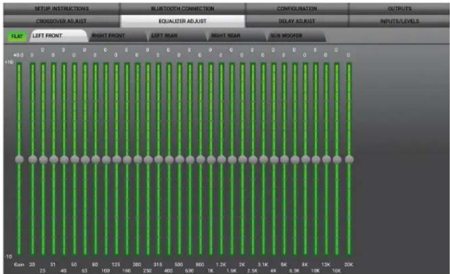 SETUP INSTRUCTIONS CROSOVER ADJUST BLUETOOTH CONNECTION EQUALIZER ADJUST CONFIGURATION DELAY ADJUST OUTPUTS INPUTS/LEVELS FLAT LEFT FRONT RIGHT FRONT LEFT REAR RIGHT REAR SUB MOOER +10 -10 6an 20 31 50 63 80 125 200 315 400 500 600 1.2K 2K 3.1K 4K 5K 6.3K 8K 12K 16K 20K