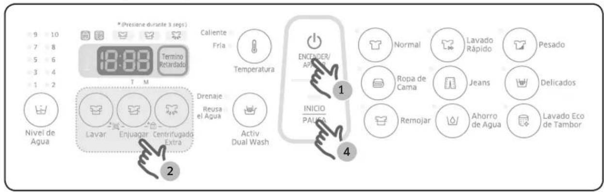 9 10 7 8 5 6 3 4 1 2 Nivel de Agua * (Presione durante 3 segs) 18:00 Termino Retardado T M Caliente Fria Temperatura Lavar Enjuagar Centrifugado Extra Drenaje Reusa el Agua Activ Dual Wash ENCENDER/ APACHE INICIO PALCA Normal Lavado Rapad Rápido Pesado Rapa de Cama Jeans Delicados Remojar Ahorro de Agua Lavado Eco de Tambor