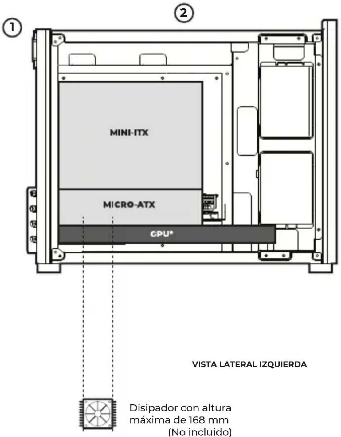 MINI-ITX MICRO-ATX GPU* VISTA LATERAL IZQUIERDA Disipador con altura máxima de 168 mm (No incluido)
