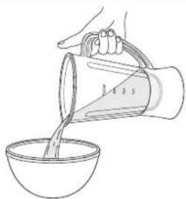 Line drawing of a hand pouring liquid from a cup into a bowl (no text or symbols)
