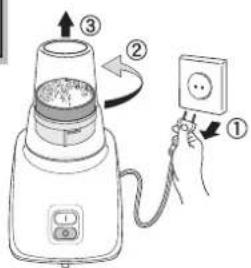 Diagram showing a blender with labeled parts and a hand inserting a power outlet into it, illustrating the process of switching from one to three steps.