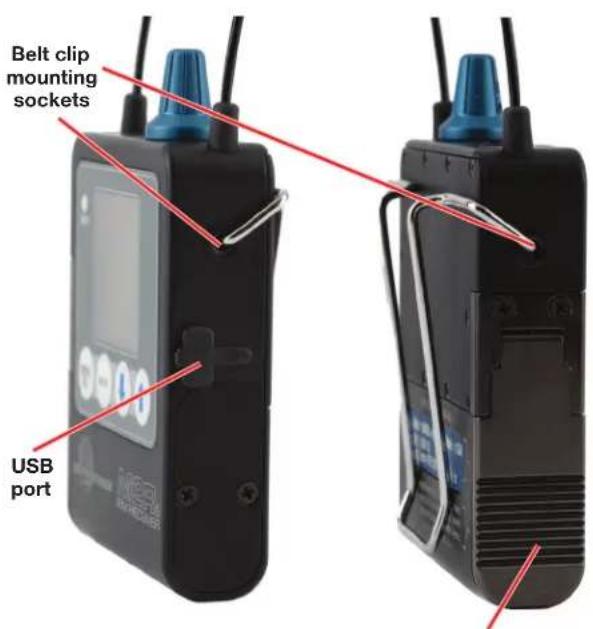 Belt clip mounting sockets USB port