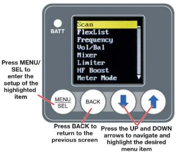 BATT Scan FlexList Frequency Vol/Bal Mixer Limiter HF Boost Meter Mode Press MENU/SEL to enter the setup of the highlighted item MENU/SEL BACK Press BACK to return to the previous screen Press the UP and DOWN arrows to navigate and highlight the desired menu item