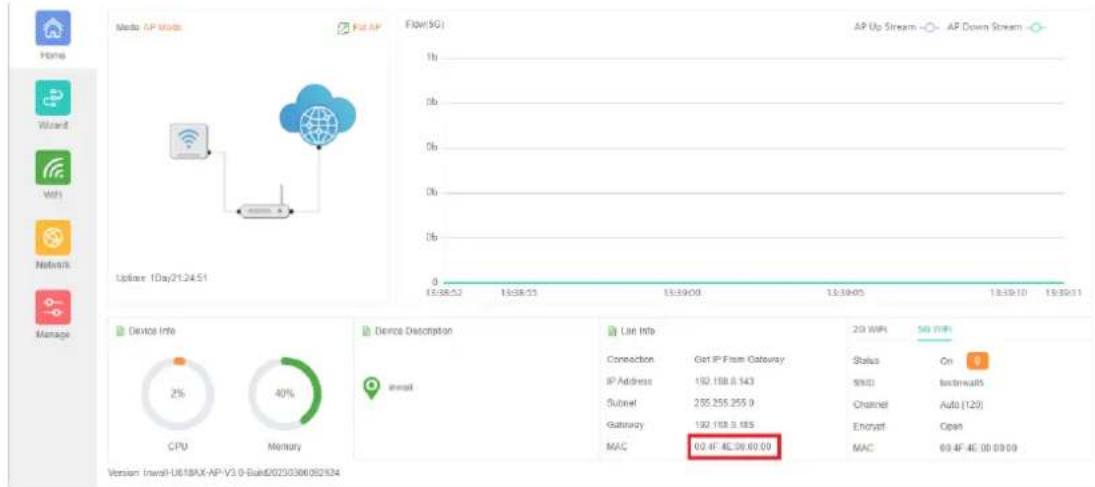 Media: AP Mode Fiat AP Flow(SG) 1b 2b 0b 0b 0b 13:38:57 16:38:57 13:39:00 13:39:05 13:39:10 15:39:11 AP Up Stream - AP Down Stream - Home Wizard WIFI Network Manage Update 1Day/21:24:51 Device Info 2% CPU Memory Device Description Intel Line Info Connection Get IP From Gateway IP Address 192.188.0.143 Subnet 205.255.255.0 Gateway 192.188.0.185 MAC 02.47.4E.09.09 09:09:09 2G WiFi 5G WiFi Status On SND Testwidths Channel Auto (120) Engraft Open MAC 09.4F.4E (00:09:09) Version: Invalh-U61BAX-AP-V3.0-Build20230306092124