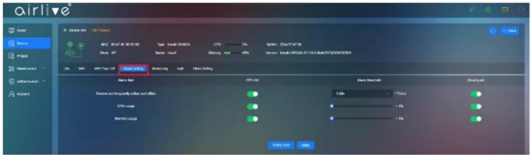 airlive® Device info On Fixed MAC 80.42 AT 90.10 TO Type: Inflow USB/XX CPU 2% Update: 20 Apr 27 Sep Mode AP Name reset Memory 48% Version: Inflow USB/XX AP-23.5 & Auto-23.0000000024 USB WIFI WIFI Tree OFF Alert Alert Booklog sub Office Setting Alert Item OFF-Off Alert Democid Email park Device are frequently online and offline 3 Mb FTlink CPU usage >1% Memory usage >1% AUTO LIST Apply