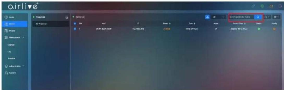 airlive® Home Service Project Maintenance Order Log Authorization Account Project List My Project (1) Bonus List BAC/TypeDevice Scales Access Type: 0 Status Confirm OK MASC P Name: 0 Type: 0 Mode Auto Tools: 0 Status Confirm OK MASC P Name: 0 Type: 0 Mode Auto Tools: 0 Status Confirm