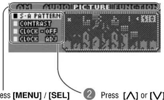 AM AUDIO PICTURE FUNCTION ■ S-A PATTERN CONTRAST CLOCK - OFF CLOCK ADJ Press [MENU] / [SEL] ② Press [A] or [V]