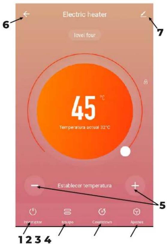 Electric heater level four 45 °C Temperatura actual 32°C Establecer temperatura 5 12 3 4