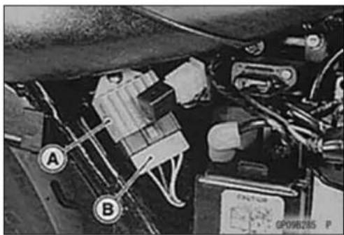 Technical diagram of a vehicle's engine compartment with labeled parts A and B, showing wiring and components.
