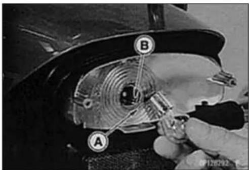 Close-up of a mechanical component with labeled parts A and B, showing a hand holding a tool.