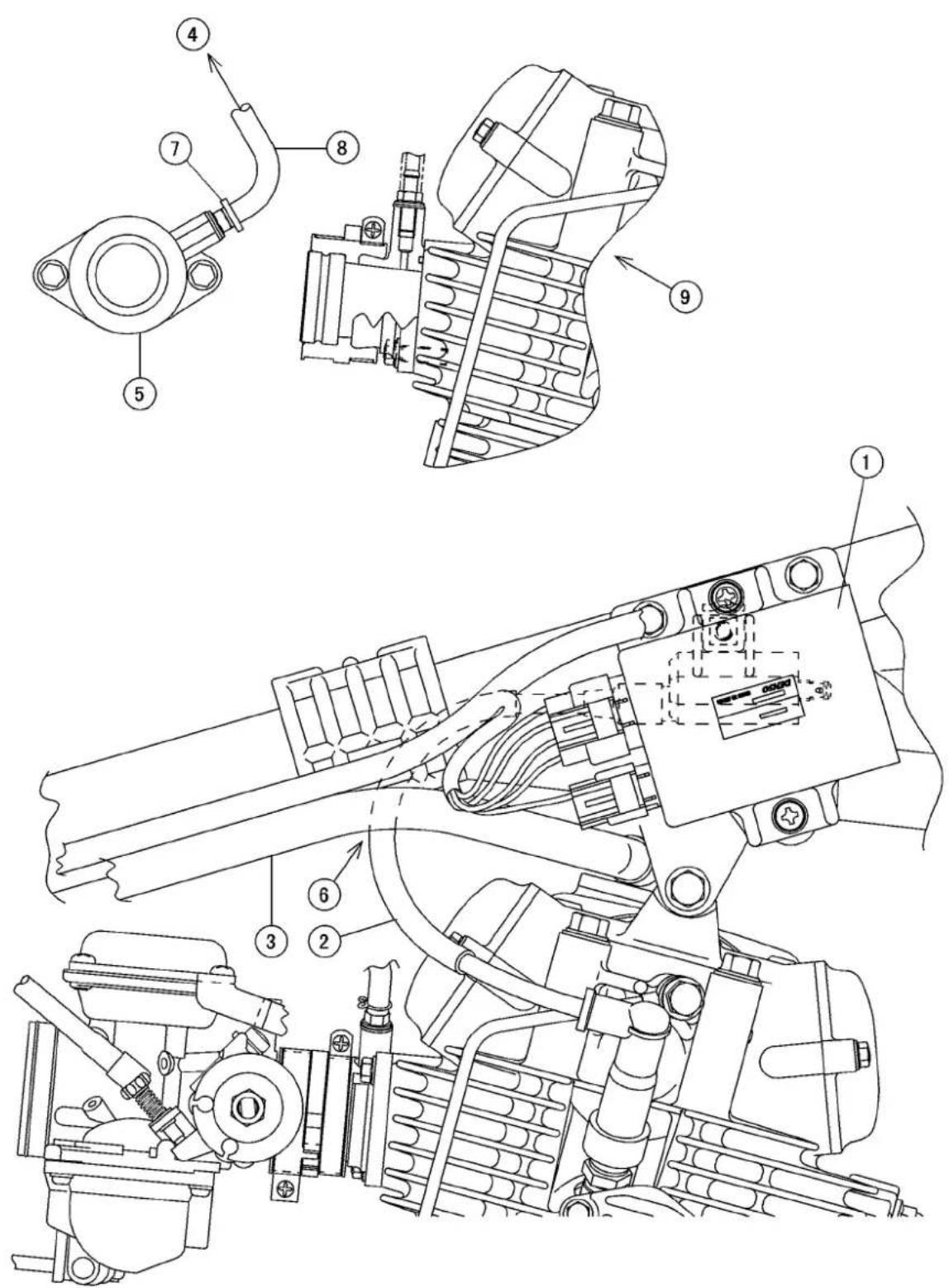 Technical schematic diagram of a mechanical assembly with numbered components and labeled parts