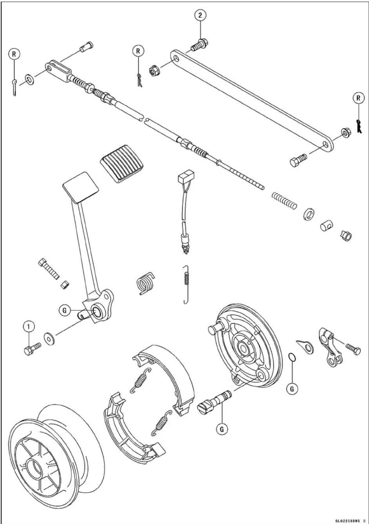 Exploded view diagram of a mechanical assembly with labeled parts including springs, levers, and motors