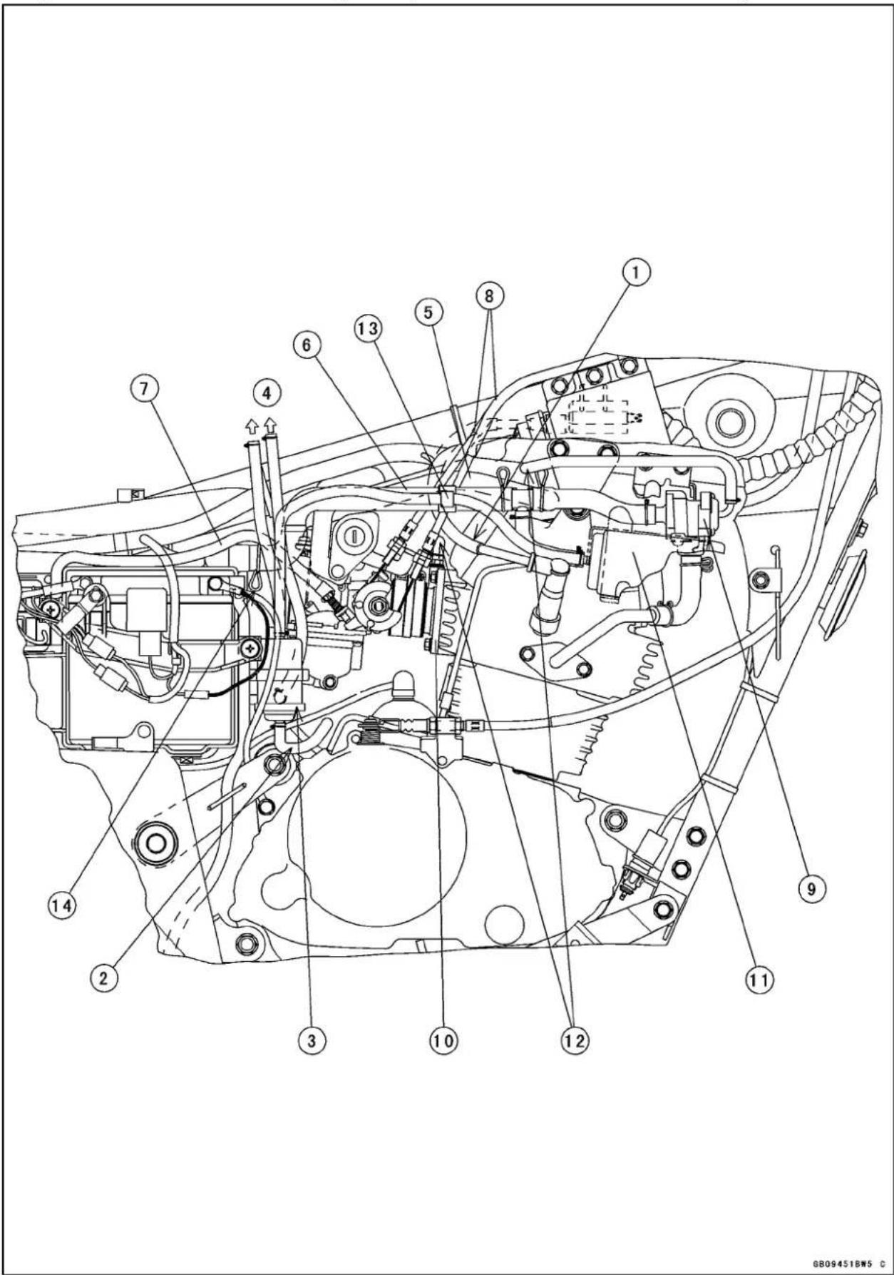 Technical diagram of a vehicle engine compartment with numbered parts for identification