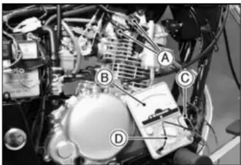 Labeled mechanical assembly diagram showing components A, B, C, and D with visible wiring and components