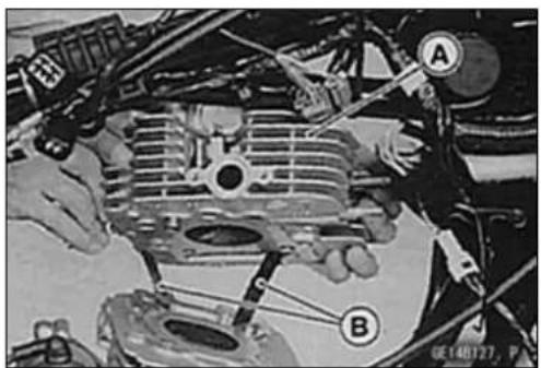 Technical diagram of engine components with labeled parts A and B, showing mechanical assembly and wiring connections