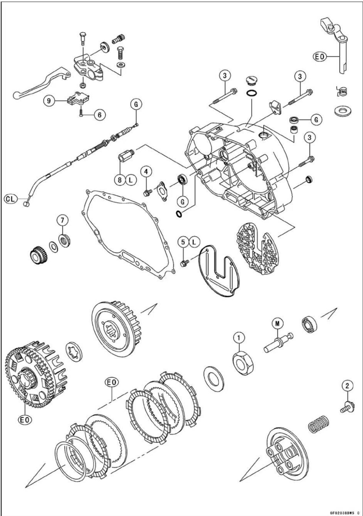 Exploded view diagram of a mechanical assembly with numbered components and labeled parts