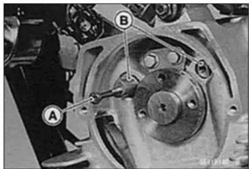 Technical diagram of a mechanical assembly with labeled parts A and B, likely for assembly or maintenance instructions.