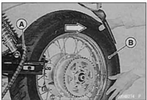 Technical diagram of a motorcycle wheel assembly with labeled parts A and B, showing mechanical components and a directional arrow indicating motion.