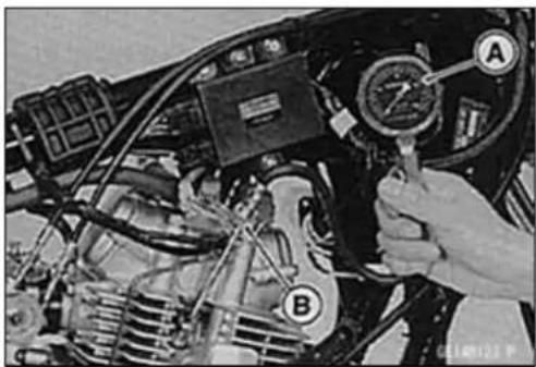 Close-up of a car engine bay with labeled parts A and B, showing hand operating valve and wiring.