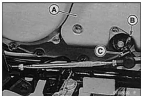 Technical diagram of a mechanical assembly with labeled parts A, B, and C