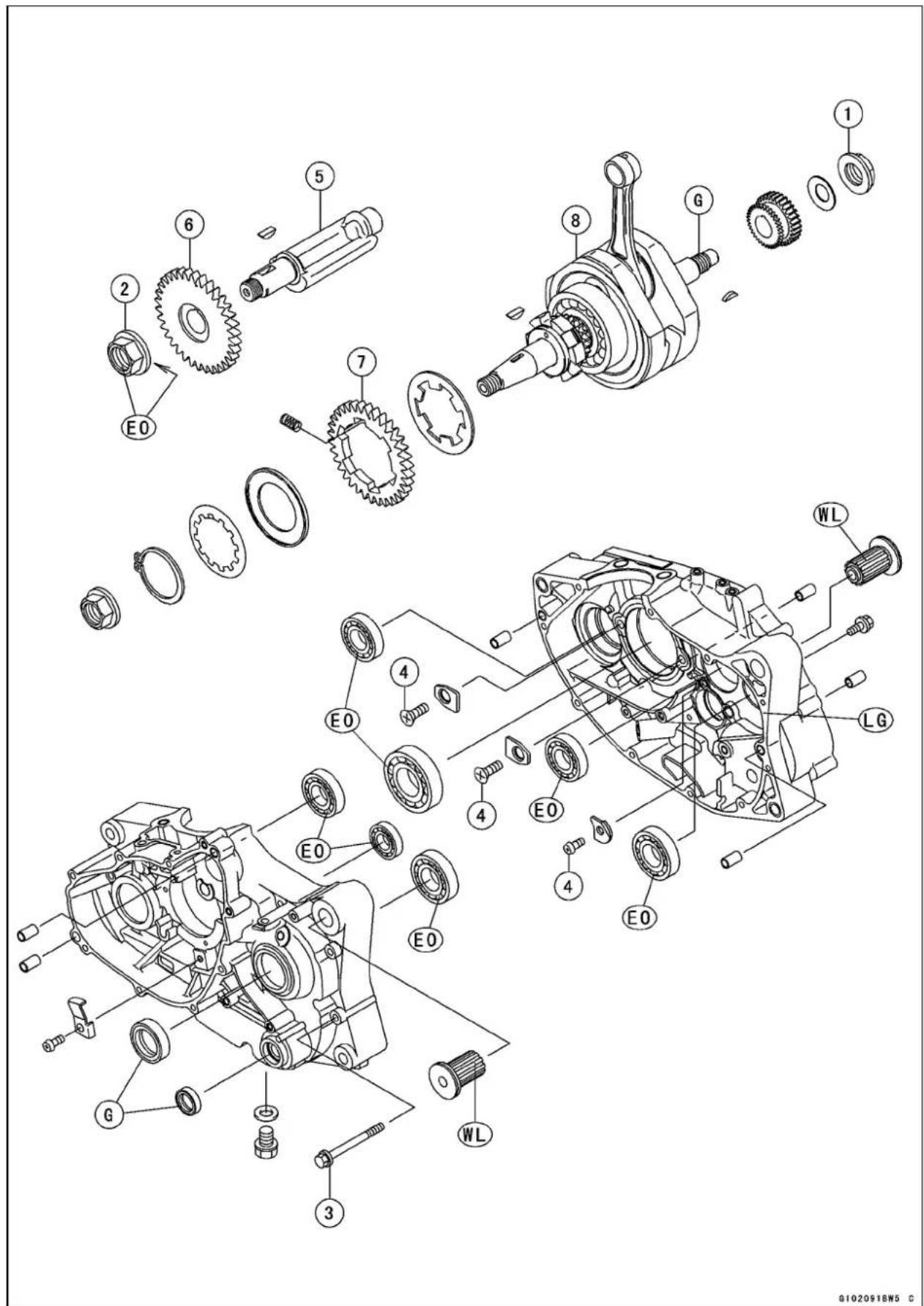 Exploded view diagram of a mechanical assembly with numbered components and labeled parts (E0, WL, LG)