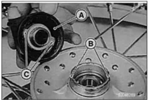 Mechanical assembly diagram showing labeled components A, B, and C with mechanical parts and connectors