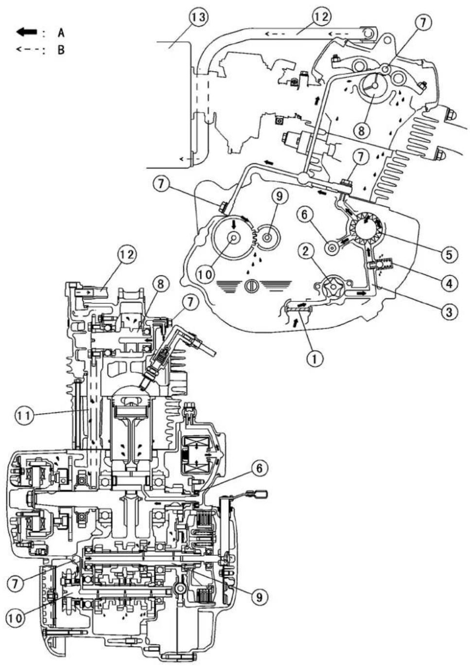 Technical schematic diagram of a mechanical assembly with numbered components and directional indicators (A, B)