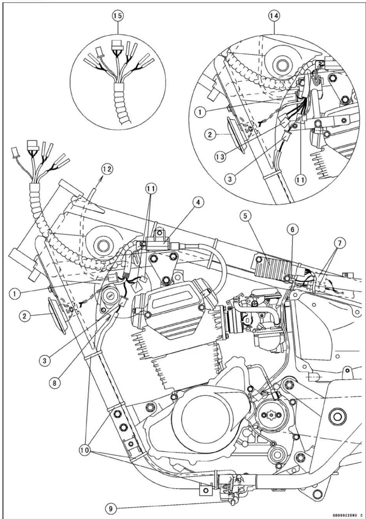 Technical diagram of a mechanical assembly with numbered components and exploded views of wiring or wiring harnesses.