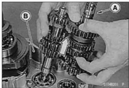 Mechanical assembly diagram showing gear assembly with labeled parts A and B, including a directional arrow indicating motion or movement.
