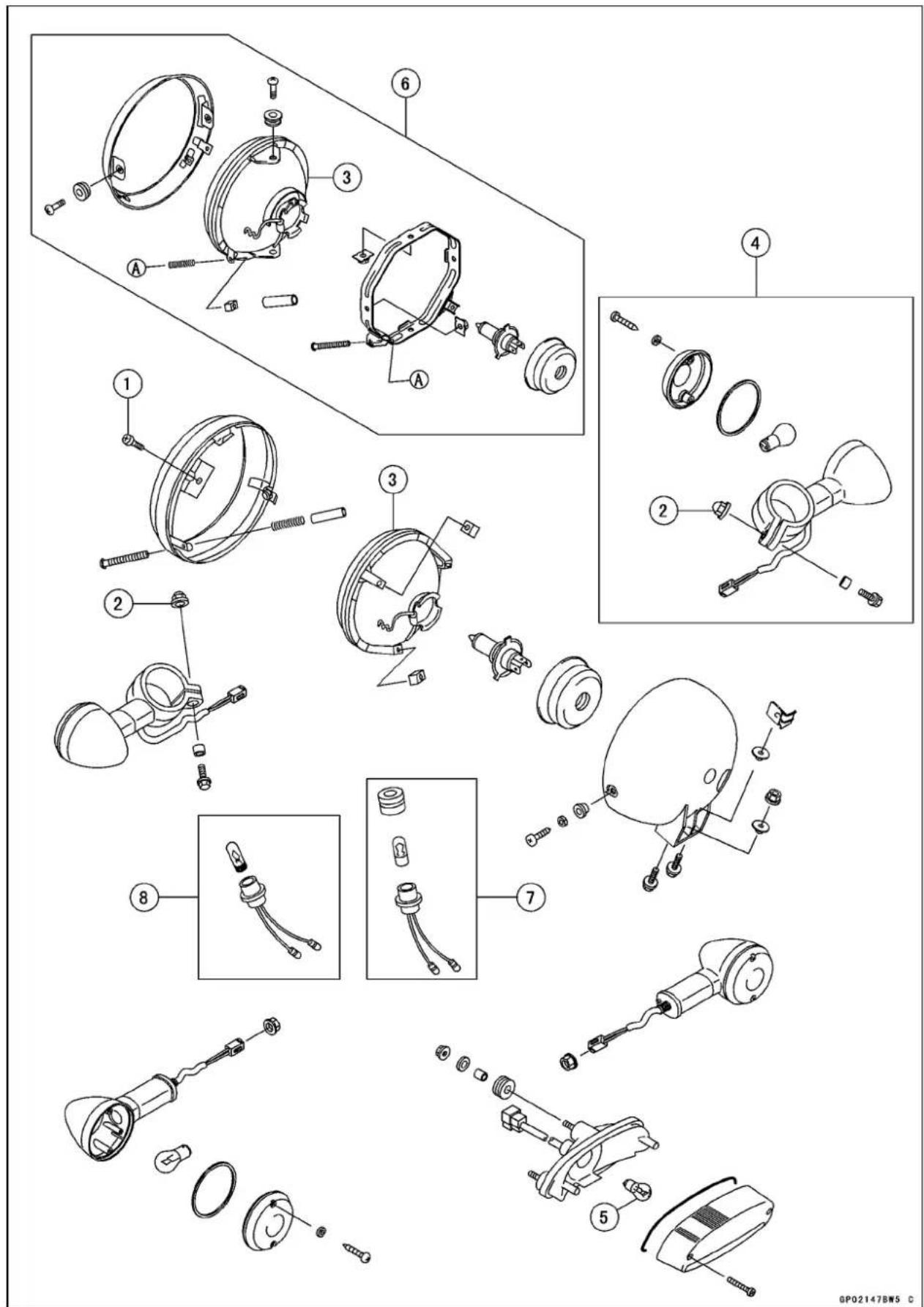 Exploded view diagram of a mechanical assembly with numbered parts and exploded views