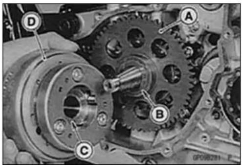 Technical diagram of a mechanical gear assembly with labeled components A, B, C, and D