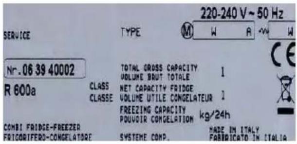 220-240 V ~ 50 Hz SERVICE TYPE M W A -W W Nr. 06 39 40002 R 600a CLASS CLASSE TOTAL GROSS CAPACITY VOLUME BRUT TOTALE NET CAPACITY FRIDGE VOLUME UTILE CONGELATEUR FREEZING CAPACITY POUVOIR CONGELATION kg/24h COMBI FRIDGE-FREEZER FRICORIFERO-CONGELATORE SYSTEME COMP. HADE IN ITALY FABRICATO IN ITALIA