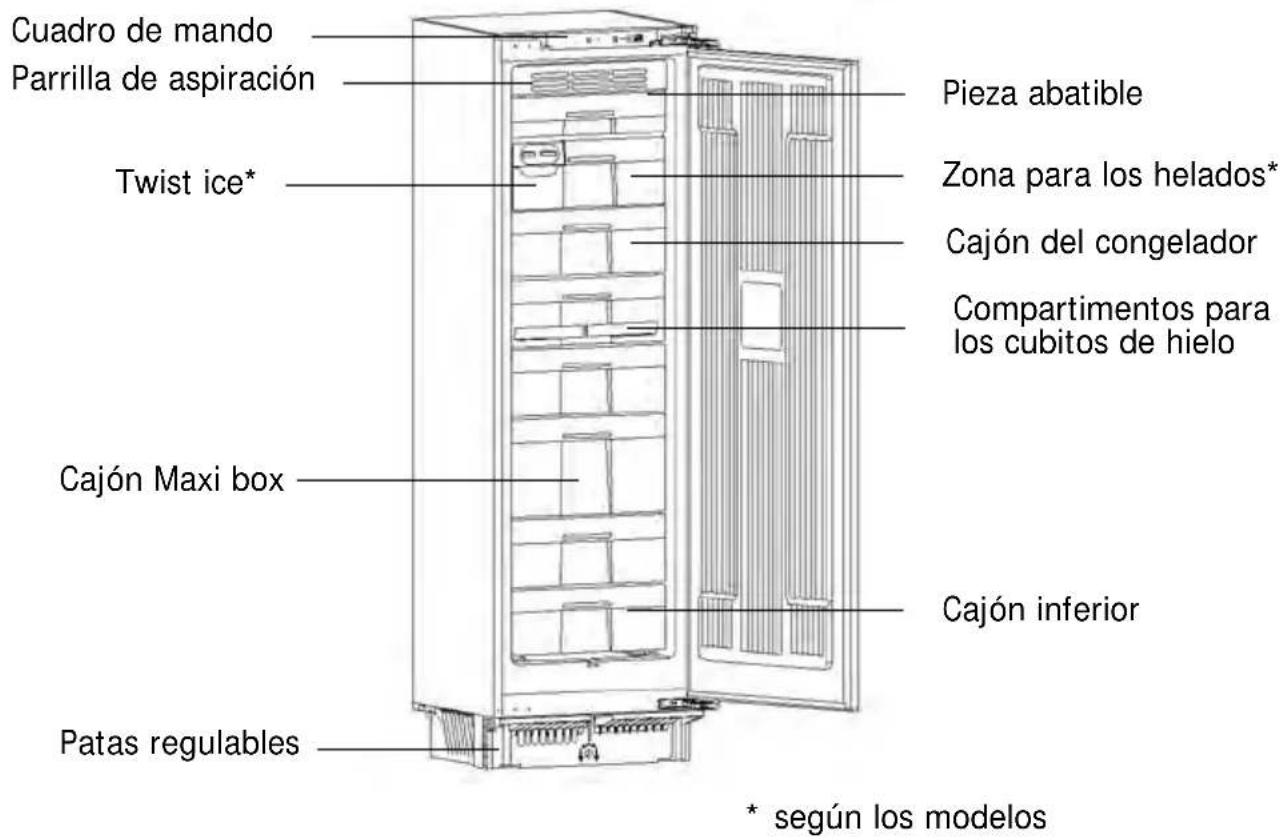 Cuadro de mando Parrilla de aspiración Twist ice* Pieza abatible Zona para los helados* Cajón del congelador Compartimentos para los cubitos de hielo Cajón Maxi box Cajón inferior Patas regulables * según los modelos