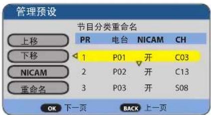 管理预设 节目分类重命名 上移 电台 NICAM 频道 下移 1 P01 开 C03 NICAM 2 P02 开 C13 重命名 3 P03 开 S08 确定 下一页 返回 上一页