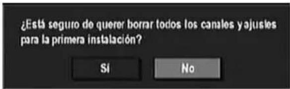 ¿Está seguro de querer borrar todos los canales y ajustes para la primera instalación? Si No