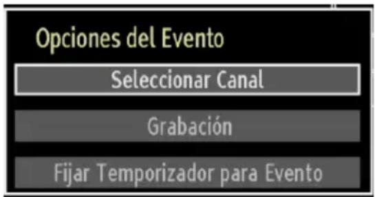 Opciones del Evento Seleccionar Canal Grabación Fijar Temporizador para Evento