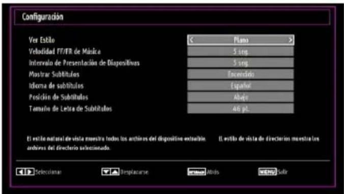 Configuración Ver Estilo Plano > Velodidad FF/FR de Múrica 5 reg. Intervalo de Presentación de Dispositivos 5 reg. Mastrar Subtitulos Encendido Informe de subtítulos Españor Posición de Subtitulos Abajo Tamaño de Letra de Subtitulos 46 pt. El estilo natural de vista muestra todos los archivos del dispositivo extensible. El estilo de vista de direccion muestra los archivos del directorio seleccionado. El estilo natural de vista muestra todos los archivos del dispositivo extensible. El estilo de vista de direccion muestra los archivos del directorio seleccionado.