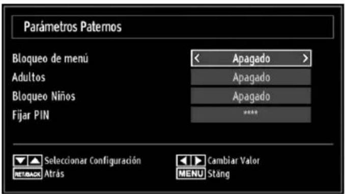 Parámetros Paternos Bloqueo de menú Adultos Bloqueo Niños Fijar PIN < Apagado > Apagado Apagado Apagado **** Seleccionar Configuración Atrás MENU Cambiar Valor Stäng