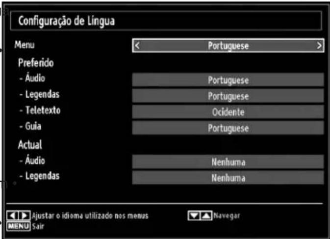 Configuraçao de Lingua Menu < Portuguese > Preferido - Audio Portuguese - Legendas Portuguese - Teletexto Ocidente Guia Portuguese Actual - Audio Nenhuma - Legendas Nenhuma Ajustar o idioma utilizado nos menus Navegar MENU Sair