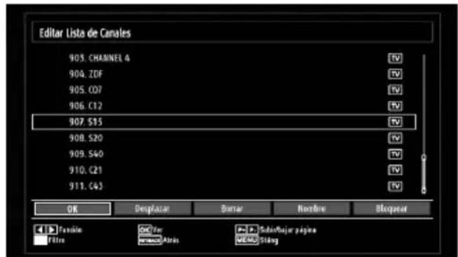 Editor Lista de Canales 905. CHANNEL 4 904. ZDF 905. C07 906. C12 907. S15 908. S20 909. S40 910. C21 911. C43 OK Desplatar Barrar Nombre Stopout Tensile Fibre Subfajar pajeos www.Atria MENI Sting