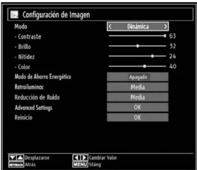 Configuración de Imagen Modo - Contraste - Brillo - Nitidez - Color Modo de Ahorro Energético Retroiluminac Reducción de Ruido Advanced Settings Reinicio < Dinámica > 63 32 24 40 Apagado Media Media OK OK