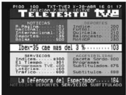 P100 100 TXT-TVE2 X-28-ABR 16 01 17 TELETEXO TVE TNTICIAS DEPORTES P.Panil.......101 Indice... 200 Nacional.......102 Fortol... 201 Internacional...120 Quiniela... 210 Deportes.......35 Baloncesto... 220 Bolsa.......600 MotoGP... 230 Ibex-35 cae mas del 3%....103 SERVICIOS ACCESSIBILIDAD Indices.......$300 Caceta Scrdo...800 El Tiempo.......301 Programas Programas TVE...400 Subtitulados...675 Leteria.......600 Subtitulos...688 Trafico.......600 La Defensora del Espectador.....184 NOTICIAS DEPORTES SERVICIOS SUBTITULADO